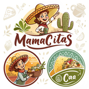 Creative branding for Mamacitas cafe. Logo designs featuring Mexican cuisine elements like tacos, enchiladas, and churros. Circular logos with vibrant, earthy tones. Name 'Mamacitas' prominently displayed in each design.