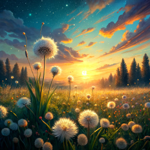 Vintage Old, Spring Meadow with small white Dandelion Flowers in Motion with the Sunrise in the background. Photo Realistic
