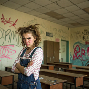 Timmy Turner's babysitter, Vicky, with a scowl and messy hair, standing in an empty classroom. Background has scribbled graffiti on walls