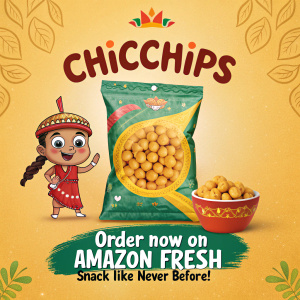 Eye-catching ad for 'ChicChips', a bag of crispy chickpea chips. Joyful mascot in traditional yet trendy attire, waving from the corner. Bright packaging showcasing the crunchy treats inside. Tagline: 'Order now on Amazon Fresh, snack like never before!'