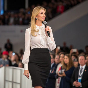 Ivanka Trump, dressed in a sophisticated white blouse and black pencil skirt, addressing a conference. Crowd blurred in the background
