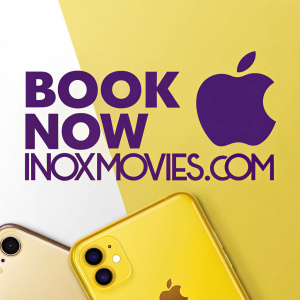 Digital ad for INOX Movies. Bright yellow background. Text 'BOOK NOW INOXMOVIES.COM' in bold purple font. Apple logo prominently displayed.