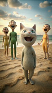 Several people laughing at a skinny and sad cat on a beach.