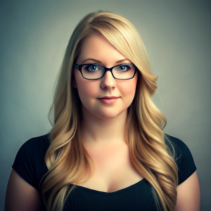 A portrait of a curvy 25 year old women with long blonde hair and glasses, looking at the camera with a blurry background