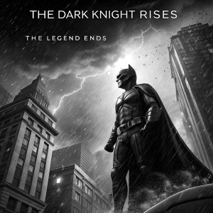 A monochrome movie poster for 'The Dark Knight Rises'. It features Batman in a stormy Gotham City. The tagline 'The Legend Ends' is at the top. Below, the film title is prominently displayed with release details. The poster captures intense action and drama.