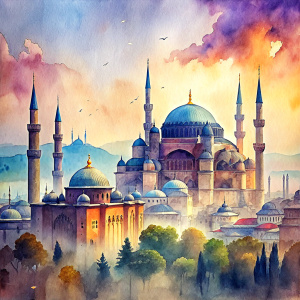 Please make a drawing of the unique skyline of Istanbul. I want a drawing that reflects the historical atmosphere. Important historical buildings such as Hagia Sophia, Topkapi Palace and the Spice Bazaar should stand out in this drawing.