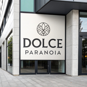 Logo design for Dolce Paranoia featuring a sleek, modern emblem and brand name in bold sans-serif font. Stylish black and white palette. Contemporary digital artwork.