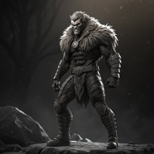 3D model of Sabretooth from Marvel comics, standing in a battle-ready stance. Dark, shadowy environment highlights the character's menacing presence. Detailed textures and a monochromatic color scheme