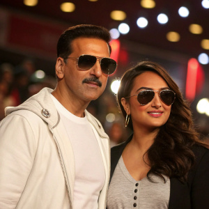 Akshay Kumar and Sonakshi Sinha at the premiere of their film 'Rowdy Rathore'. They are dressed in casual outfits and sunglasses. The background is a blurred audience and lights of a movie theater.