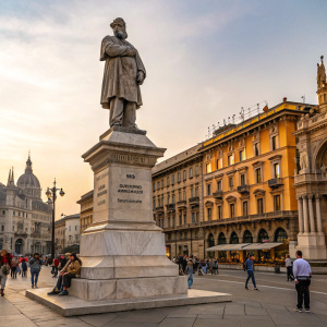 Stone statue of Giuseppe Garibaldi, standing tall on a marble pedestal in the heart of a bustling European city. The statue is dressed in historical attire with a prominent beard. A building with intricate, ornate details and a warm, yellowish-brown facade looms behind, creating a majestic backdrop.