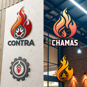 Creative logo designs for Contrra Chamas, featuring fiery symbols and energetic concepts, displayed in diverse styles and finishes.