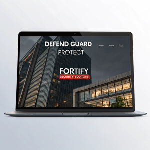 Homepage of Fortify Security Solutions. Sleek, dark-themed website. Features 'DEFEND GUARD PROTECT' header. Navigation bar, logo, and high-tech imagery.