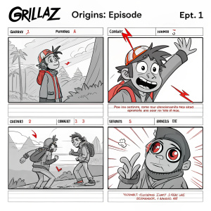 Storyboard for 'Gorillaz: Origins Episode 1': Grid layout with 5 sketches. Sketches show 2D, cartoon characters in dynamic poses. Story progresses from curious to adventurous. Grayscale with bold red accents highlighting key elements. Facial expressions convey emotions.
