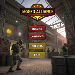 Screenshot from Jagged Alliance video game. Main menu features bold jagged alliance logo in red and yellow. Options include resume, controls, credits, exit. Indoor environment with abstract shapes and textures.