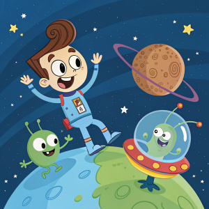 Jimmy Neutron in a playful cartoon scene, wearing a blue space suit, standing on Planet X. Surrounded by alien friends.