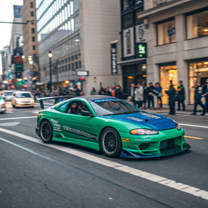A vibrant green and blue Mitsubishi Eclipse Rocket Bunny, cruising through a bustling city street.