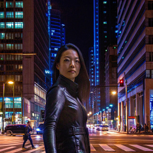 Colleen Wing, an Asian actress, in a sleek black leather jacket, standing on a bustling city street at night.