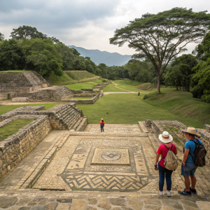 Archaeological site in Oaxaca, Mexico. Stone mosaic fretwork. Tourists admiring the intricate details.