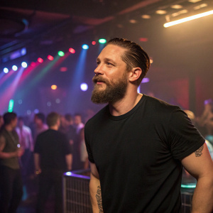 Tom Hardy, bearded actor, in casual black t-shirt. Night club background