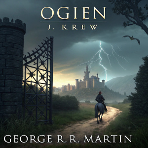 The book cover of 'Ogien J. Krew' by George R.R. Martin. Dark and stormy night, giant castle, lone rider, menacing dragon in distance.