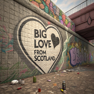 A candid shot of a graffiti-covered concrete wall. Heart-shaped design and 'big love from scotland' in bold black letters. Trash scattered on the ground.