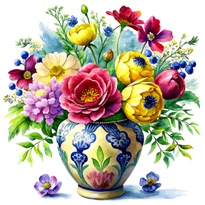 a WATERCOLOR IMAGE ,Yellow Porcelain Luxury Chinese Vintage Vase hand paint ,THERE ARE IN THE VASE : watercolor red WILD FLOWERS ,GREEN WEEDS ,burgundy PEONIE ,NAVY BLUE Bougainvillea, PURPLE dandelion ,WHITE geranium,yellow Narcissus, ochre crocusES ,navy blue daffodil ,cream roses ,amaranth Damarion s, red tulips , freesia ,sienna orange lavender Common Crape Myrtle ,Watsonia ,tritoma.carmine Chandramallika, burgundy VIOLETS ,SEPHIA SISYMBRIUM,CREAM CHAMOMILE , teracotta bluebell
