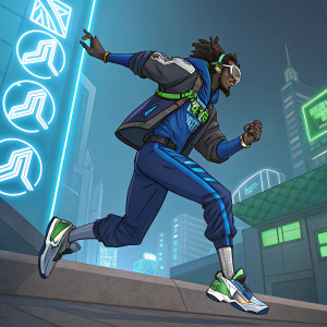 Lúcio from Overwatch in dynamic poses. Futuristic outfit, blue and gray colors. Promotional illustration.