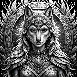 Nordic Godness Ylva She-Wolf - perfect realistic art, high-definition grey and black, white background tattoo design