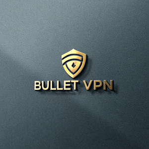 Bullet VPN logo, sleek and modern design. Golden emblem on dark grey background, metallic font.