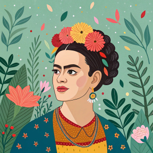 Illustration of Frida Kahlo, vibrant botanical background, modern folk art style, celebrating self-love.