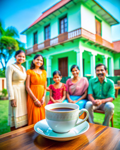 Indian House,  tea cup on the table, Indian middle class Family in backgroud 