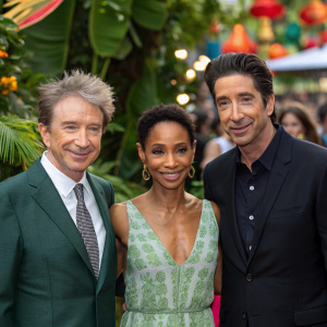 Martin Short, Jada Pinkett Smith, and David Schwimmer at the bustling film festival photocall. Lush greenery and vibrant festival decorations fill the background.