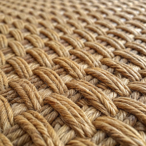 A high-resolution image of a rustic sisal carpet. The close-up shot showcases the intricate weaving, with a rich, earthy color palette of browns. The texture is dense and tightly bound, featuring slight irregularities and natural variations in the weave.