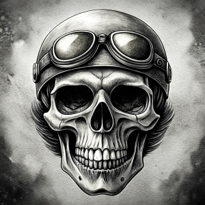 motorcycle biker skull tattoo design - perfect realistic art - high-definition - grey and black - white background 