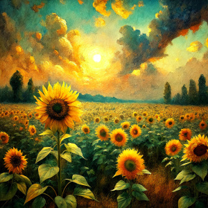 Vintage Oil Painting, Soft Colors, Stunning sunflower field. Photo abstact