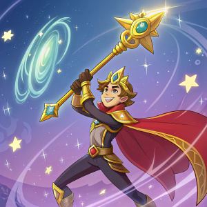 Valentino, a youthful male character from Idle Heroes, depicted in a dynamic pose with a gleaming golden weapon. Set against a vibrant, celestial-themed background.