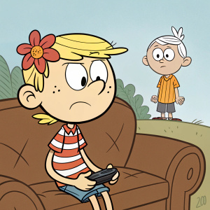 A digital cartoon illustration of Lincoln Loud, with blonde hair and a flower accessory, sitting on a brown couch. Lincoln has a focused expression. Behind him stands Luan Loud, wearing a striped shirt, with a concerned expression.