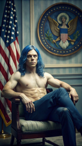 Evan Peters, long blue hair, actor relaxing on a chair, shirtless, feet to the camera, dirty, barefoot, american flag, president
