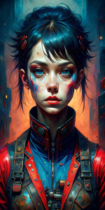 1girl, (masterpiece:1.3), high resolution), (8K), (extremely detailed), (4k), (pixiv), perfect face, nice eyes and face, (best quality), (super detailed), detailed face and eyes, (solo), textured skin, absurdres, highres, <lora:beautiful detailed eyes:0.6>, <lora:more_details:0.5>, <lora:Gally-08:0.7>, gallywz, red facepaint, bare shouldersoil painting 8K, oil painting 8K, extremely detailed oil image, (blue pants:1.1),cyberpunk, brown eyes, black hair, short hair, looking a