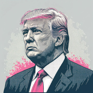 Digital portrait of Donald Trump in retro pixel art style. Dominated by shades of grey with splashes of pink. 2016 nostalgia