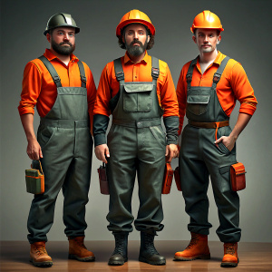 TRES HOMBRES  INGENIEROS DE OBRA  PANTALON NARANJA Y CHAQUETA NEGRA
 

