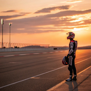 Dani Pedrosa, MotoGP rider, standing solo in an empty race track, sunset in the background.