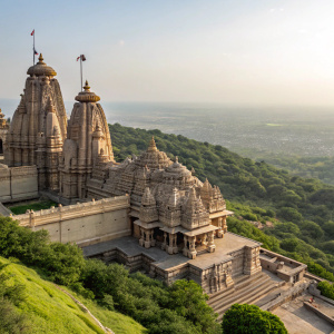 The Palitana Jain Temple Complex, a cluster of towering structures with detailed carvings and intricate designs. Nestled on a hillside, surrounded by lush greenery.