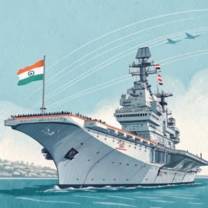 Digital illustration of INS Vikramaditya, an Indian Navy aircraft carrier. Multi-level deck structures. Indian flag prominently displayed. Light blue background. Specifications and details included.