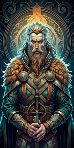 Crea una imagen de:(el dios Tyr, esta runa representa la justicia, el sacrificio por el bien mayor y la victoria a través de la integridad. Nos invita a mantenernos fieles a nuestras creencias y a luchar por lo que es justo). Arte  Vikingo. Detalles finos. Estilo fantasía. 
