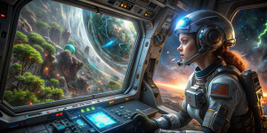 женщина в футуристичном sci-fi костюме и шлеме, управляет космическим кораблем, который приземляется на планету, перед ней окно и навигационная панель с индикаторами, в окне видна поверхность неизвестной планеты с лесами и океанами, с неизвестным науке растительным и животным миром