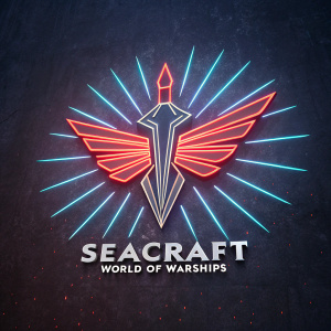 Digital artwork showcasing the Seacraft emblem for World of Warships. Glowing sharp arrow design and wings. Text SEACRAFT WORLD OF WARSHIPS at bottom. Dark background.