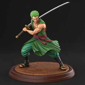 3D model of Roronoa Zoro, green spiky hair, intense expression, holding sword. Brown base, dark background, vibrant colors, detailed pose.