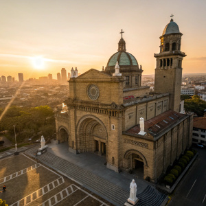 Aerial view of Manila Cathedral at sunset. Golden hour lighting highlights the brown stone facade and intricate carvings. Statues on either side cast long shadows.
