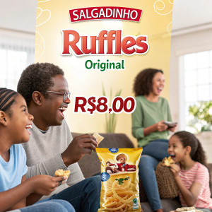 Promotional ad for Salgadinho Ruffles Original snack. Fun family gathering setting. Price: R$8.00